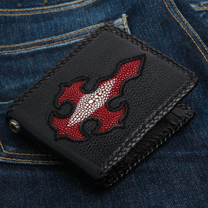 Red Stingray Cross Black Leather Bifold Wallet showing red cross front
