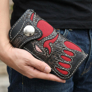 Red Demon Stingray Leather Long Biker Wallet, held at hip level