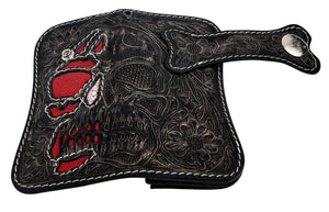 Red Stingray Demon Skull Tooled Leather Wallet, closed wallet side angle