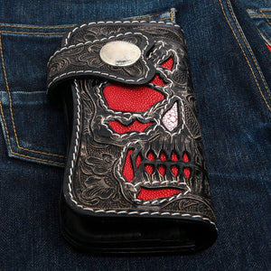 Red Stingray Demon Skull Tooled Leather Wallet, demon skull wallet front
