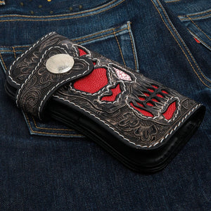 Red Stingray Demon Skull Tooled Leather Wallet, skull wallet front angle