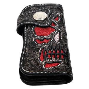 Red Stingray Demon Skull Tooled Leather Wallet, tooled wallet front view