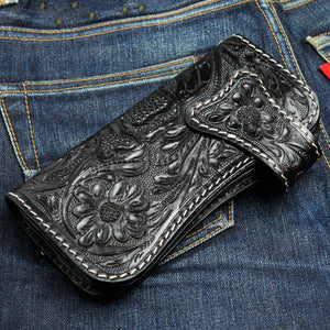 Red Stingray Phantom Skull Leather Biker Wallet, closed floral flap angle