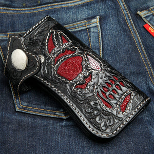 Red Stingray Phantom Skull Leather Biker Wallet, red and black skull detail