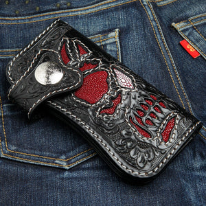 Red Stingray Phantom Skull Leather Biker Wallet, red stingray skull angle