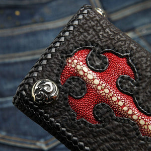 Red Stingray Cross Shark Leather Trifold Wallet, cross and snap detail
