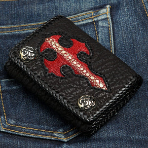 Red Stingray Cross Shark Leather Trifold Wallet, front diagonal