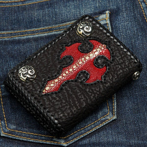 Red Stingray Cross Shark Leather Trifold Wallet, opposite front angle