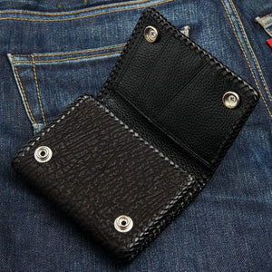 Red Stingray Cross Shark Leather Trifold Wallet, partly open exterior