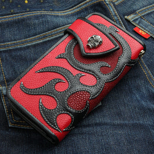 Red Stingray Skull Snap Biker Wallet showing flame angle