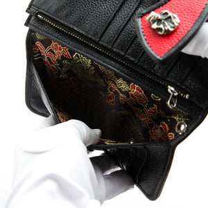 Red Stingray Skull Snap Biker Wallet showing partly open lining