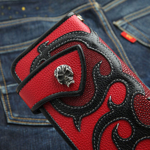 Red Stingray Skull Snap Biker Wallet showing skull snap detail