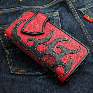 Red Stingray Skull Snap Biker Wallet showing stitched overlay