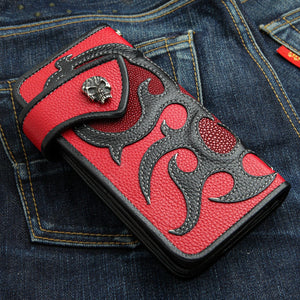 Red Stingray Skull Snap Biker Wallet showing tribal front