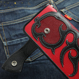 Red Stingray Skull Snap Biker Wallet showing unfastened strap