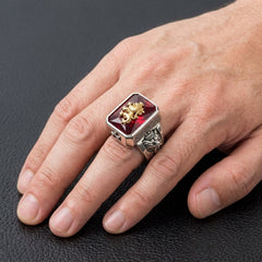 Löwen-Ring mit rotem Stein aus 925 Sterlingsilber