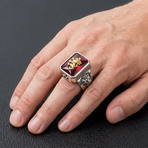 Red Stone Lion 925 Sterling Silver Ring worn on an adult hand
