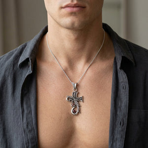 Red CZ Tribal Gothic Cross Sterling Silver Pendant, worn on the neck with collarbones, shoulders and upper chest visible