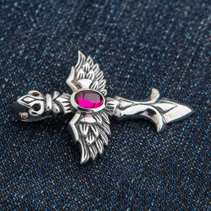 Red Stone Winged Cross Sterling Silver Pendant, cross side profile