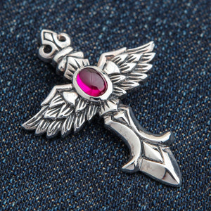 Red Stone Winged Cross Sterling Silver Pendant, feathered wing angle