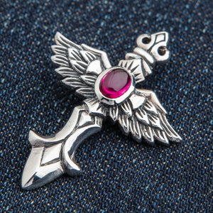 Red Stone Winged Cross Sterling Silver Pendant, fleur bail detail