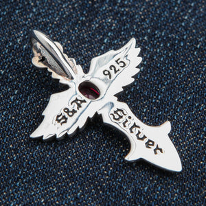 Red Stone Winged Cross Sterling Silver Pendant, hallmark reverse