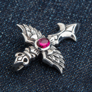 Red Stone Winged Cross Sterling Silver Pendant, red stone closeup