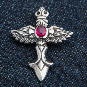 Red Stone Winged Cross Sterling Silver Pendant, red stone winged cross front