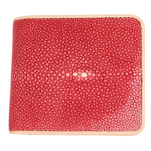 Red Stingray Coin-Pocket Bifold Wallet showing red stingray pearl cluster within tan edging.