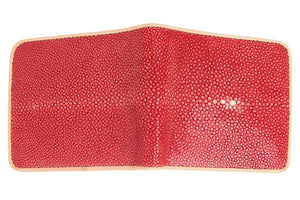 Red Stingray Coin-Pocket Bifold Wallet showing both red panels and tan border spread flat.