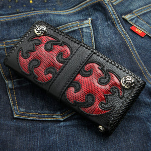 Red Tribal Komodo Leather Biker Wallet, chain grommet detail