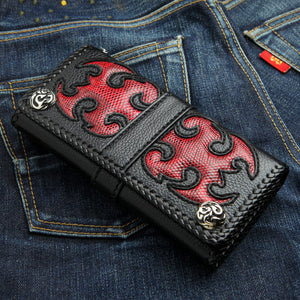 Red Tribal Komodo Leather Biker Wallet, closed wallet side angle
