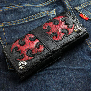 Red Tribal Komodo Leather Biker Wallet, tribal wallet front angle