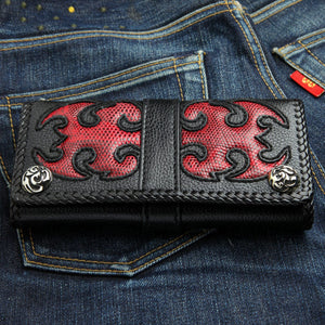 Red Tribal Komodo Leather Biker Wallet, tribal wallet front view