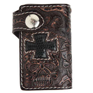 Ride to Live Brown Leather Cross & Skull Wallet showing the closed cross front and curved snap strap.