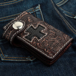 Ride to Live Brown Leather Cross & Skull Wallet showing the lizard cross, carved skull and round snap at an angle.