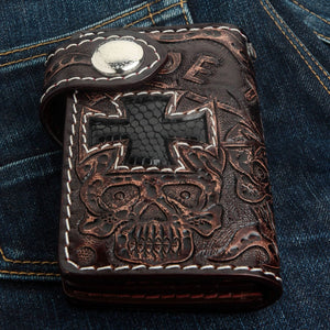Ride to Live Brown Leather Cross & Skull Wallet showing the cross and skull panel standing upright.