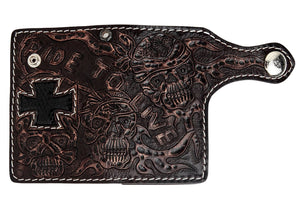 Ride to Live Brown Leather Cross & Skull Wallet showing the full tooled exterior with the closure strap extended.