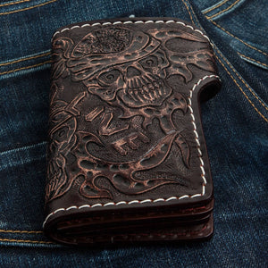Ride to Live Brown Leather Cross & Skull Wallet showing skull tooling and Ride to Live lettering on the reverse.