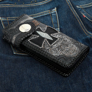 Ride to Live Skull Stingray Leather Biker Wallet, wallet denim front angle