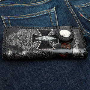 Ride to Live Skull Stingray Leather Biker Wallet, wallet denim front horizontal