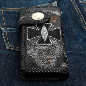 Ride to Live Skull Stingray Leather Biker Wallet, wallet denim front