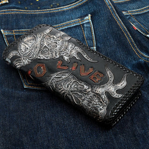 Ride to Live Skull Stingray Leather Biker Wallet, wallet denim reverse angle