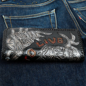 Ride to Live Skull Stingray Leather Biker Wallet, wallet denim reverse horizontal