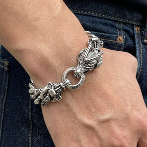 Rider Dragon Sterling Silver Link Bracelet, worn on wrist