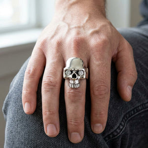 Clear CZ Robot Skull Sterling Silver Ring, worn on hand