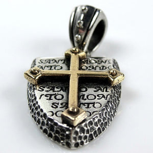 Cross Shield Sterling Silver and Brass Pendant, angled cross detail