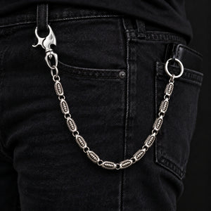 Rocker roller sterling silver wallet chain worn on black denim with clasp and wallet split ring