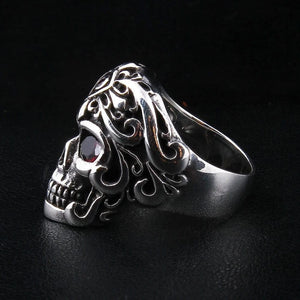 Roman Warrior Garnet-Eye Sterling Silver Skull Ring, ring left profile