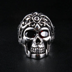 Roman Warrior Garnet-Eye Sterling Silver Skull Ring, roman skull ring front